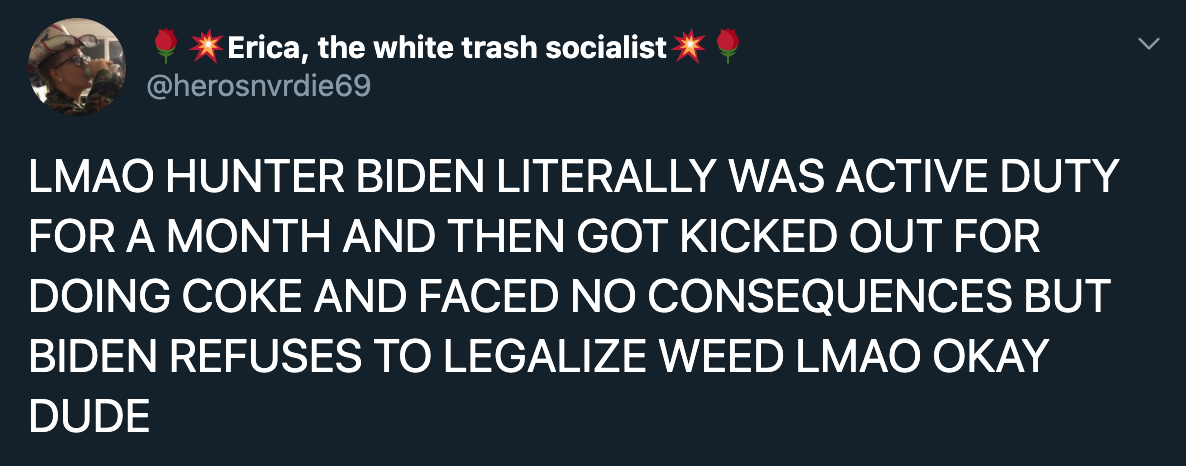 angle - Erica, the white trash socialist Lmao Hunter Biden Literally Was Active Duty For A Month And Then Got Kicked Out For Doing Coke And Faced No Consequences But Biden Refuses To Legalize Weed Lmao Okay Dude