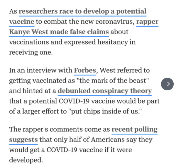 site description examples - As researchers race to develop a potential vaccine to combat the new coronavirus, rapper Kanye West made false claims about vaccinations and expressed hesitancy in receiving one. 1 In an interview with Forbes, West referred to 