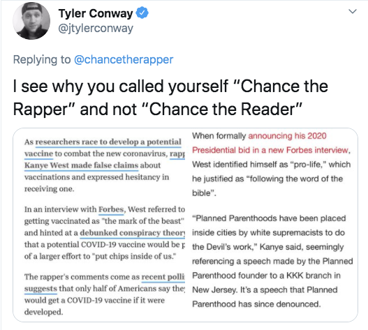 document - Tyler Conway I see why you called yourself "Chance the Rapper" and not "Chance the Reader" As researchers race to develop a potential When formally announcing his 2020 vaccine to combat the new coronavirus, rapy Presidential bid in a new Forbes