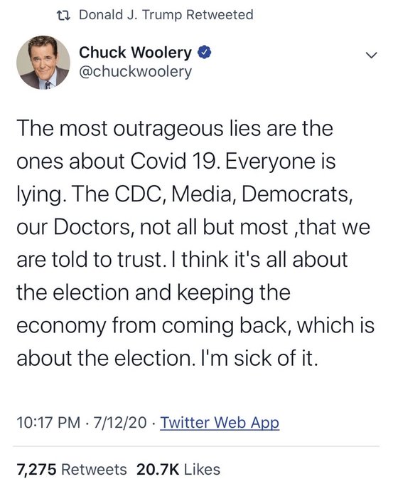 document - t2 Donald J. Trump Retweeted > Chuck Woolery The most outrageous lies are the ones about Covid 19. Everyone is lying. The Cdc, Media, Democrats, our Doctors, not all but most ,that we are told to trust. I think it's all about the election and k