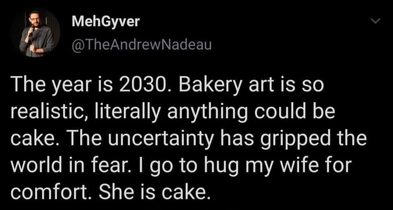 light - MehGyver The year is 2030. Bakery art is so realistic, literally anything could be cake. The uncertainty has gripped the world in fear. I go to hug my wife for comfort. She is cake.