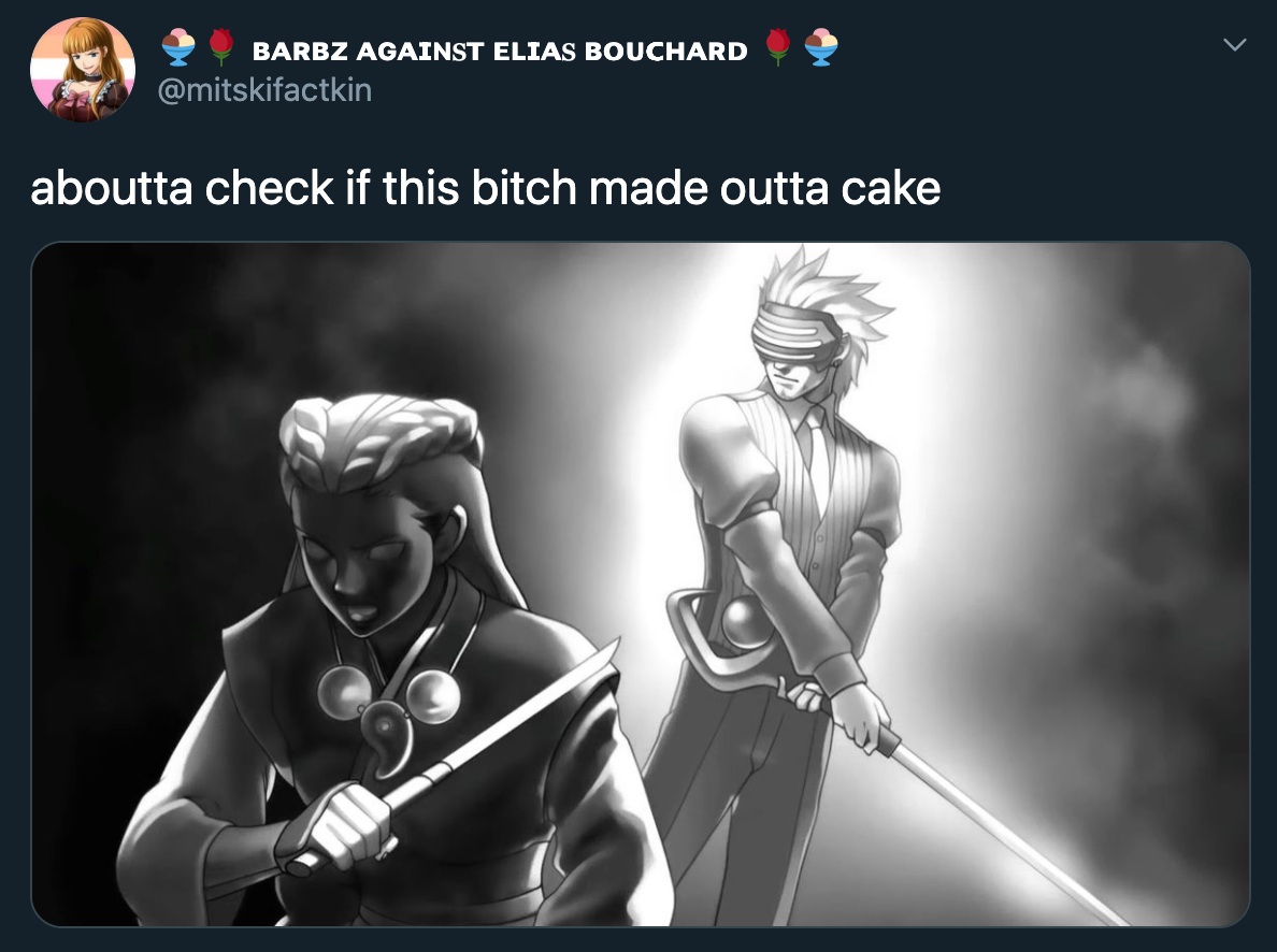 ace attorney godot sword - Barbz Against Elias Bouchard aboutta check if this bitch made outta cake