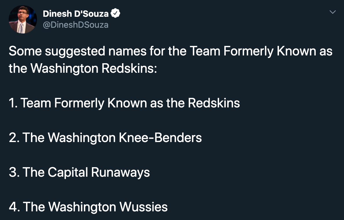 Dinesh D'Souza Some suggested names for the Team Formerly known as the Washington Redskins 1. Team Formerly known as the Redskins 2. The Washington KneeBenders 3. The Capital Runaways 4. The Washington Wussies