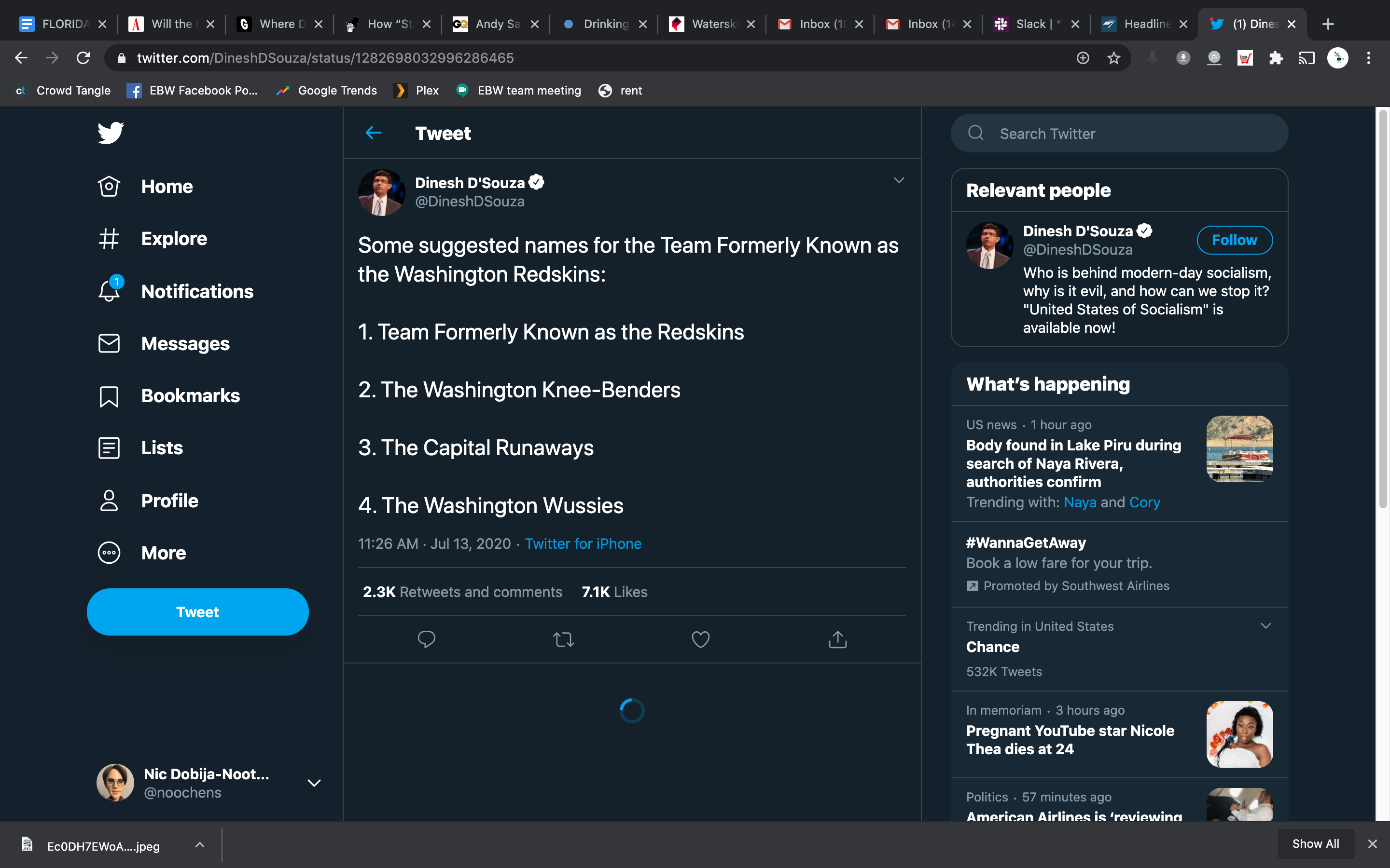 screenshot - Ws no Inbox Sack Free Dirk Flord Wh How Andy Deinde twitter.com DeshSouzastus1282696092998288455 Crowd angle En Face Pogle Trends Ewan ng Tere Tweet Souch Tw Home # Explore Dinesh D'Souza isha Some suggested names for the Team Formerly known 