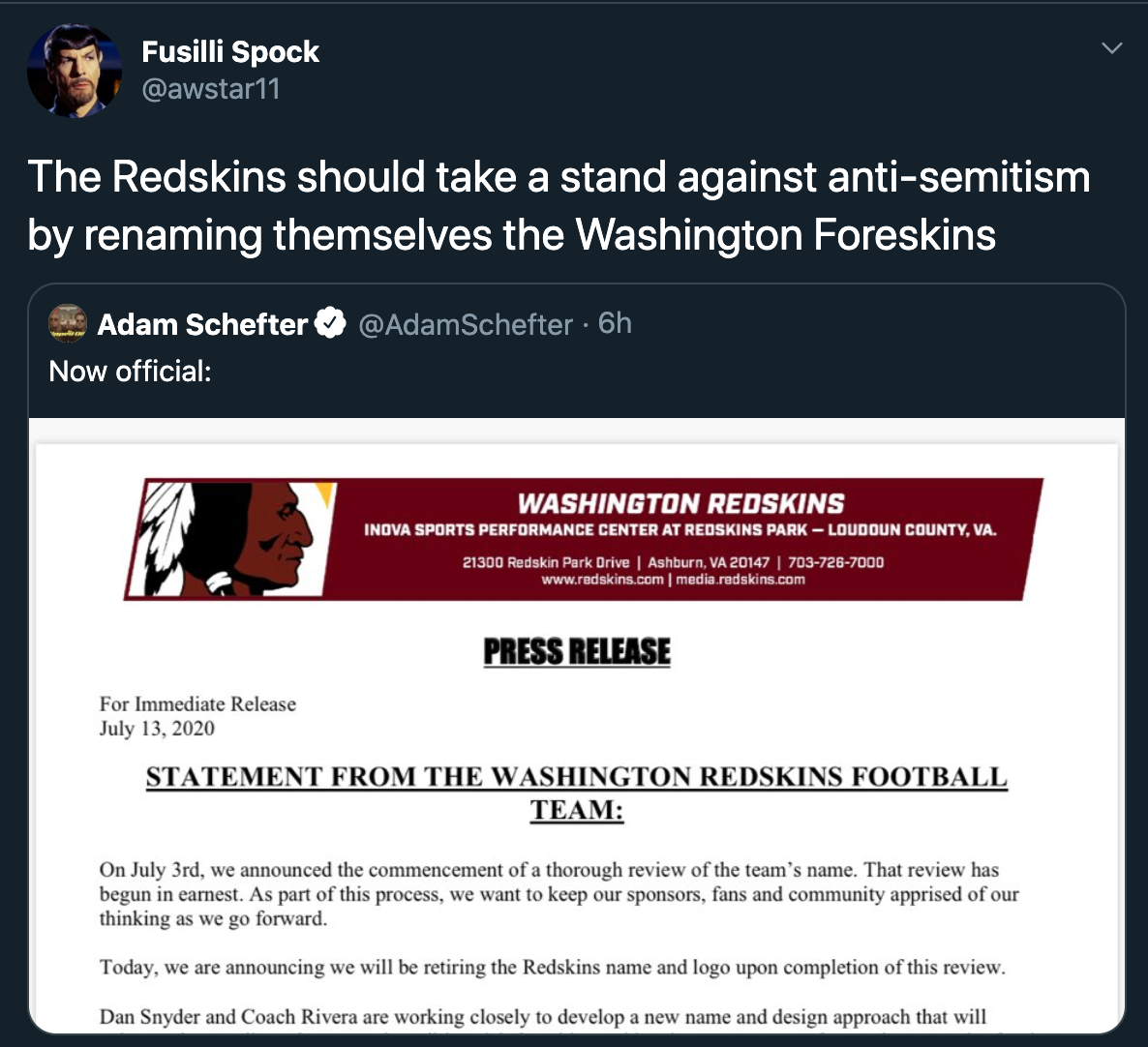 The Redskins should take a stand against antisemitism by renaming themselves the Washington Foreskins