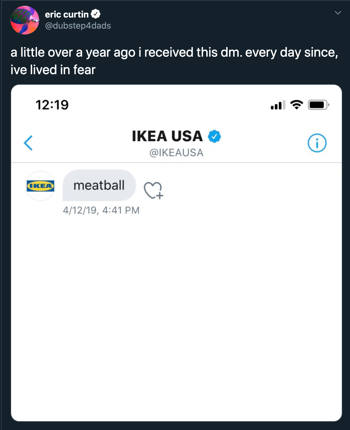 a little over a year ago i received this dm. every day since, ive lived in fear - ikea meatball