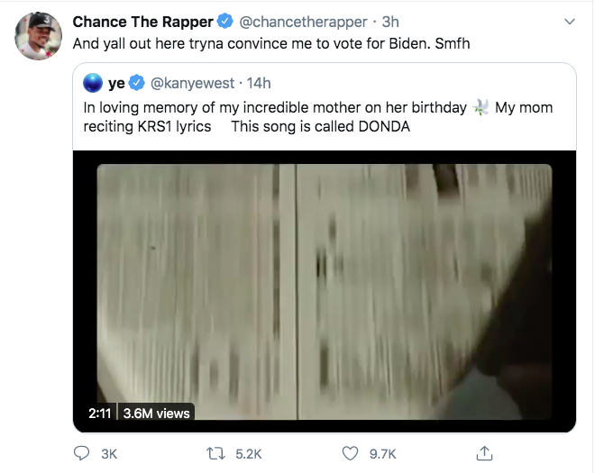 wood - Chance The Rapper 3h And yall out here tryna convince me to vote for Biden. Smfh ye 14h In loving memory of my incredible mother on her birthday My mom reciting KRS1 lyrics This song is called Donda 3.6M views 3K
