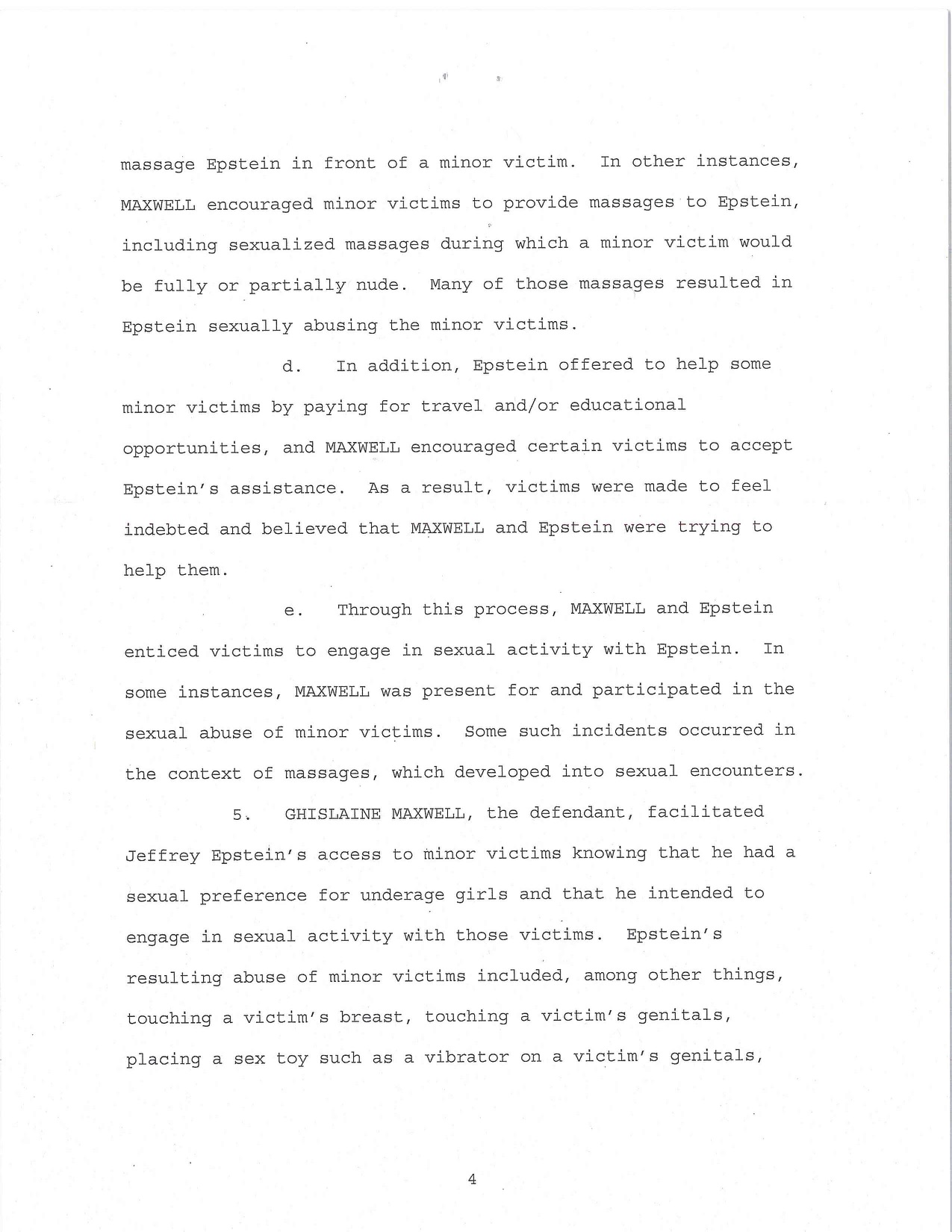 The United States vs Ghislaine Maxwell -  page four of the indictment of Ghislaine Maxwell for sex crimes against minors