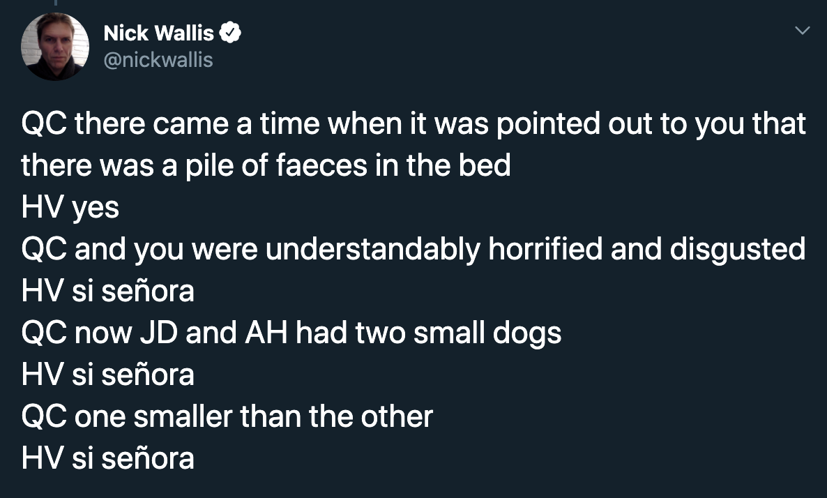 there came a time when it was pointed out to you that there was a pile of faeces in the bed Hv yes Qc and you were understandably horrified and disgusted Hv si seora Qc now Jd and Ah had two small dogs Hv si senora Qc one small
