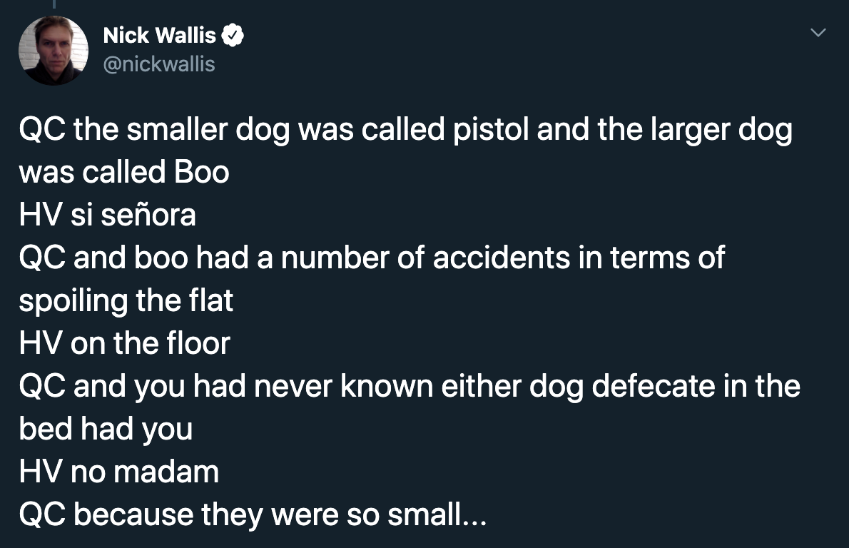 Qc the smaller dog was called pistol and the larger dog was called Boo Hv si seora Qc and boo had a number of accidents in terms of spoiling the flat Hv on the floor Qc and you had never known either dog defecate in the bed had you Hv