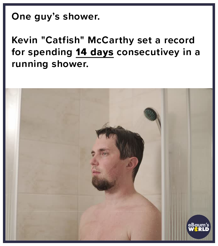 shoulder - One guy's shower. Kevin "Catfish" McCarthy set a record for spending 14 days consecutivey in a running shower. eBaum's World