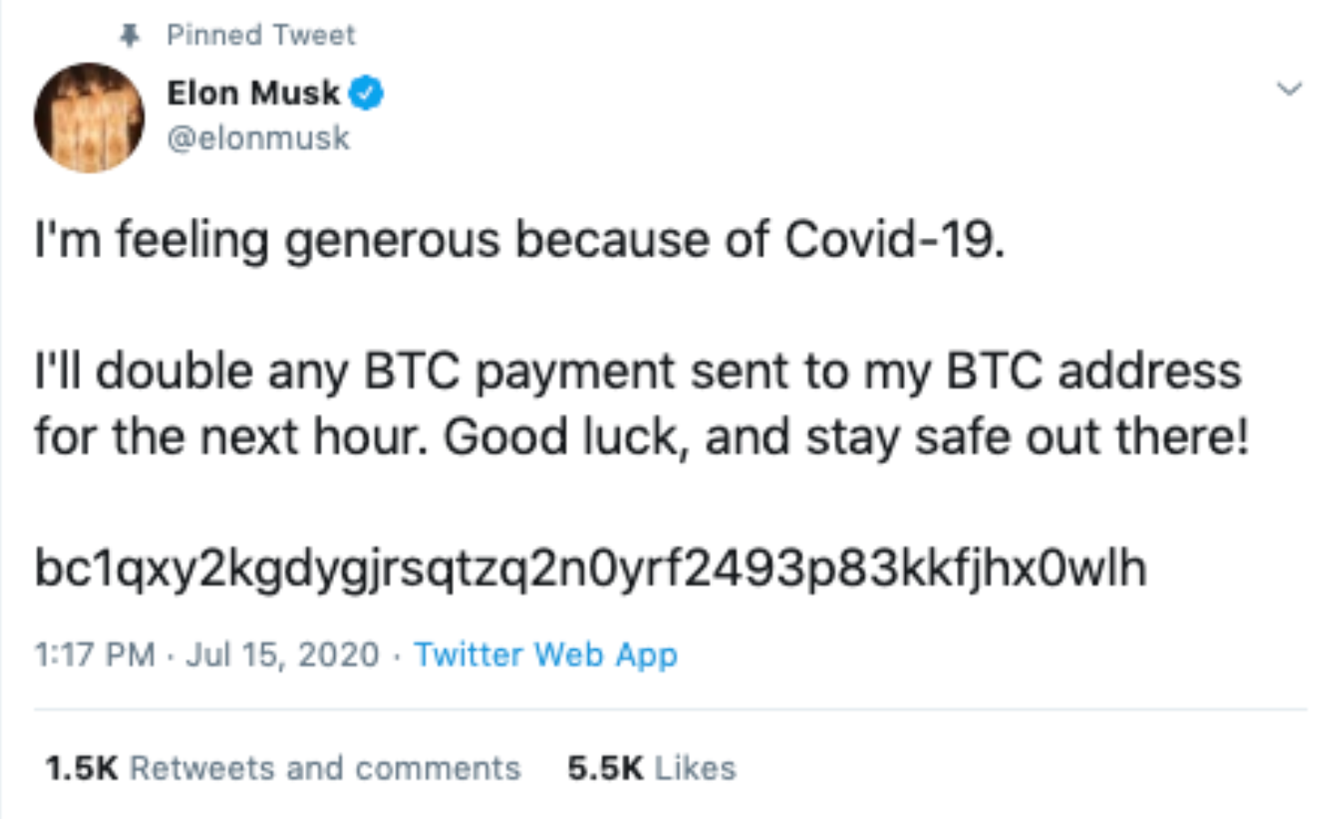 Initial public offering - Pinned Tweet Elon Musk I'm feeling generous because of Covid19. I'll double any Btc payment sent to my Btc address for the next hour. Good luck, and stay safe out there! bc1qxy2kgdygjrsatzq2n0yrfkfjhxOwlh . Twitter Web App and
