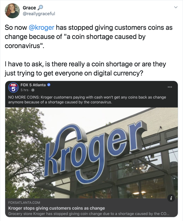 website - Grace So now has stopped giving customers coins as change because of "a coin shortage caused by coronavirus". I have to ask, is there really a coin shortage or are they just trying to get everyone on digital currency? Fox 5 Atlanta Shes No More 
