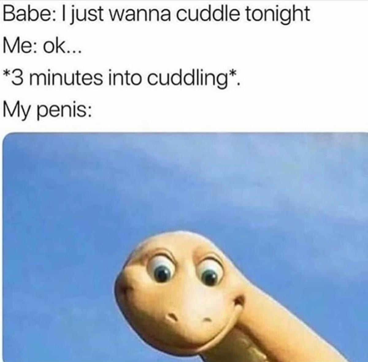 funny sex meme - cuddle meme - Babe I just wanna cuddle tonight Me ok... 3 minutes into cuddling. My penis