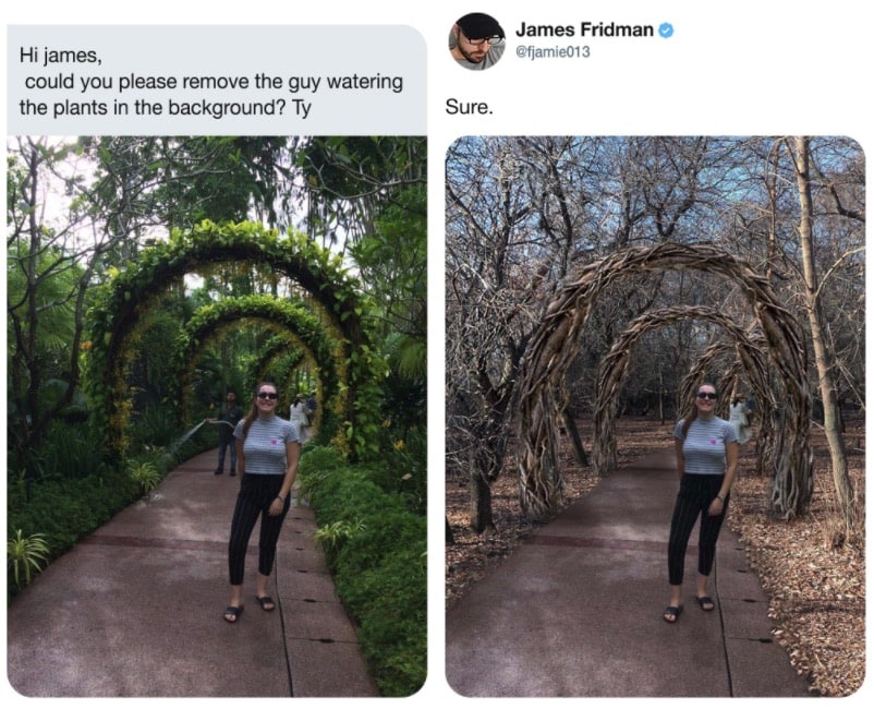 can you remove the guy watering the plants - James Fridman Hi james, could you please remove the guy watering the plants in the background? Ty Sure.