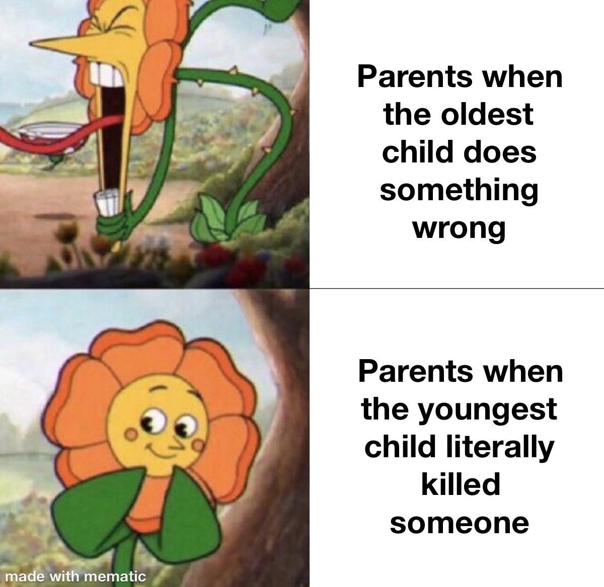 cagney carnation meme - Parents when the oldest child does something wrong Parents when the youngest child literally killed someone made with mematic