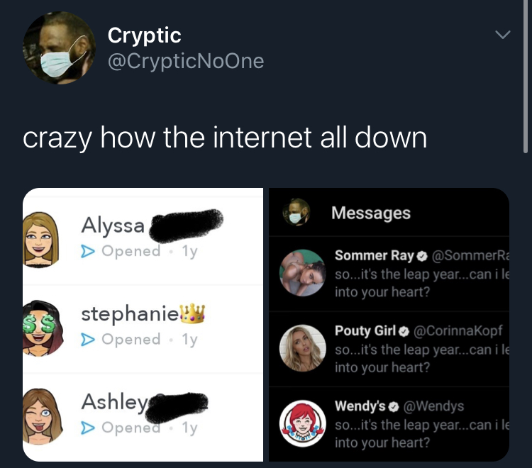 internet DDoS cloudflare multimedia - Cryptic crazy how the internet all down Messages Alyssa Opened ly Sommer Ray so...it's the leap year...can ile into your heart? stephanie! > Opened ly Pouty Girl so...it's the leap year...can ile into your heart? Ashl