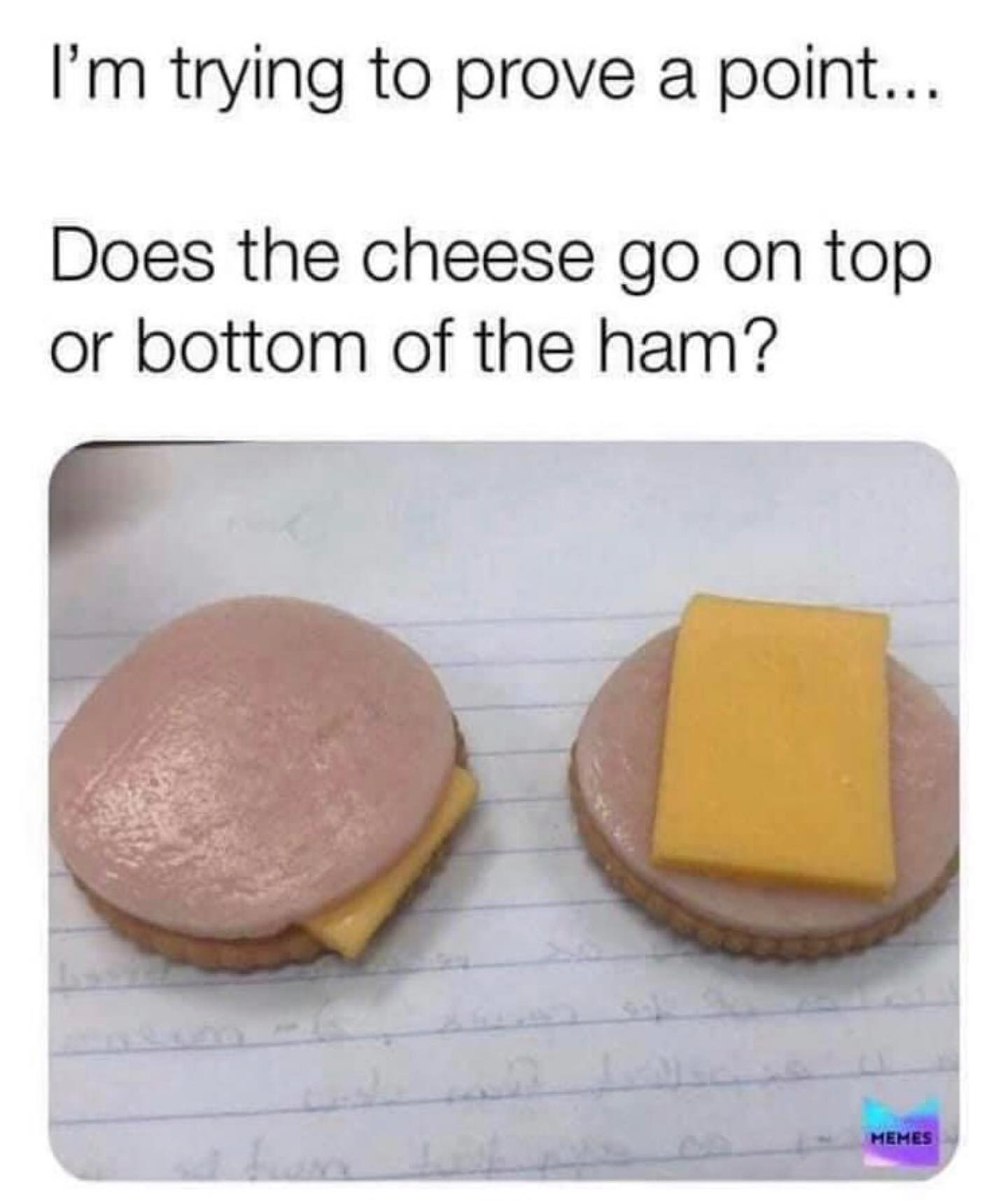 dank memes  I'm trying to prove a point... Does the cheese go on top or bottom of the ham? Memes