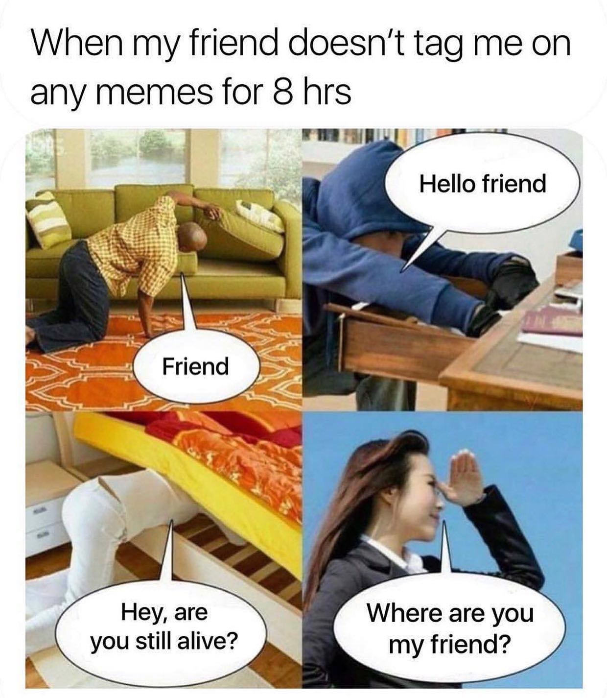 dank memes  you my friend meme - When my friend doesn't tag me on any memes for 8 hrs Hello friend Friend Where are you Hey, are you still alive? my friend?