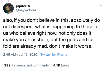 document - jupiter also, if you don't believe in this, absolutely do not disrespect what is happening to those of us who believe right now. not only does it make you an asshole, but the gods and fair fold are already mad. don't make it worse. Twitter for