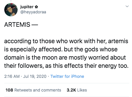 jupiter Artemis according to those who work with her, artemis is especially affected. but the gods whose domain is the moon are mostly worried about their ers, as this effects their energy too. Twitter for iPhone 108 and