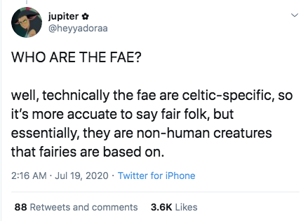 L jupiter Who Are The Fae? well, technically the fae are celticspecific, so it's more accuate to say fair folk, but essentially, they are nonhuman creatures that fairies are based on. Twitter for iPhone 88 and