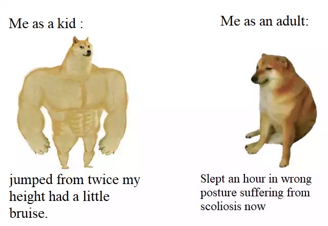 dank meme - doge and cheems meme template - Me as a kid Me as an adult jumped from twice my height had a little bruise. Slept an hour in wrong posture suffering from scoliosis now