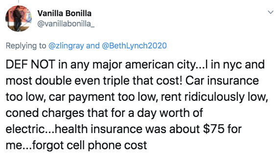 nothing at all - Vanilla Bonilla and Def Not in any major american city...I in nyc and most double even triple that cost! Car insurance too low, car payment too low, rent ridiculously low, coned charges that for a day worth of electric...health insurance 