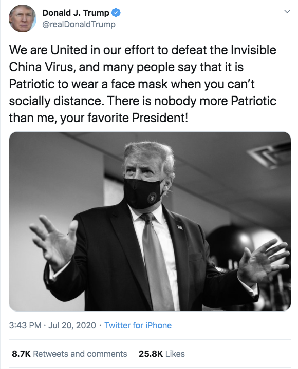 Donald Trump says wearing a mask when you can't social distance is patriotic