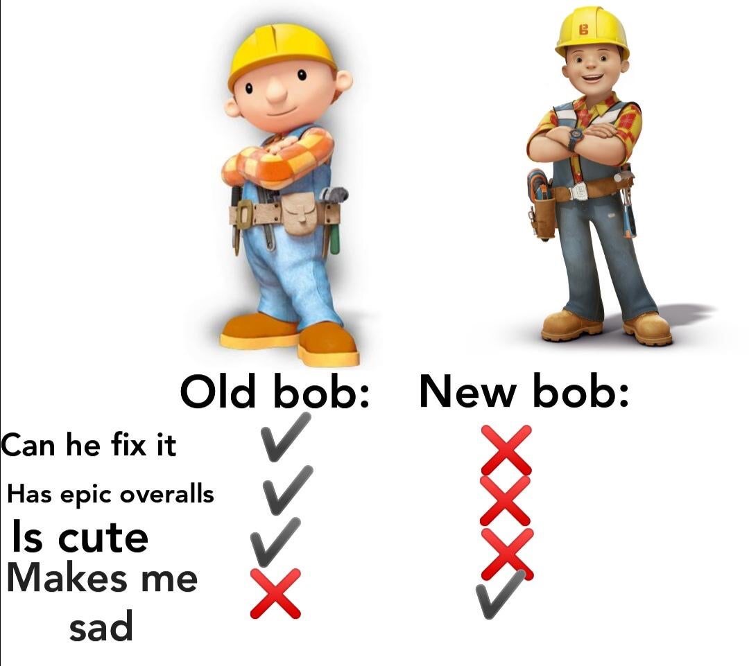 dank memes dank meme - human behavior - New bob Old bob Can he fix it Has epic overalls Is cute Makes me sad Xxx