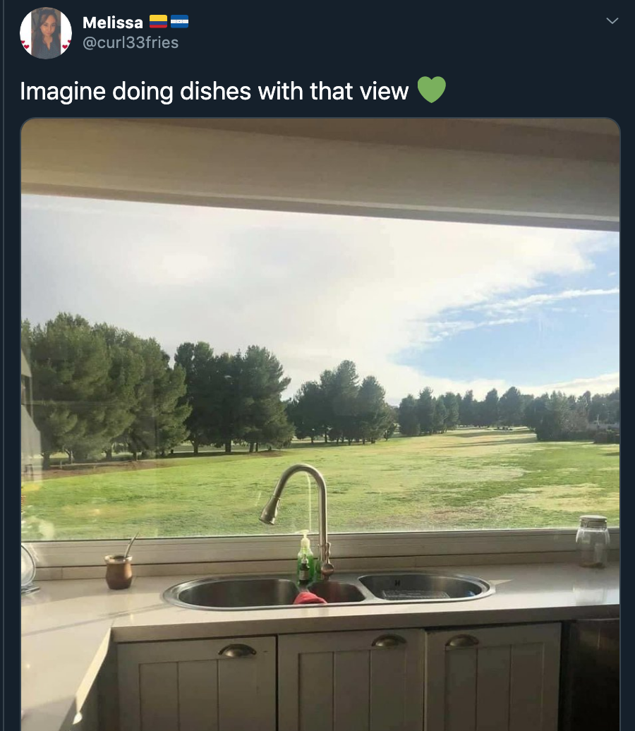 This week on Twitter, people are wondering what it would be like to have a beautiful or weird view to look at while they do their dishes. This type of meme always brings out the photoshop experts.