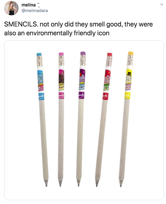 pen - melina Smencils. not only did they smell good, they were also an environmentally friendly icon M