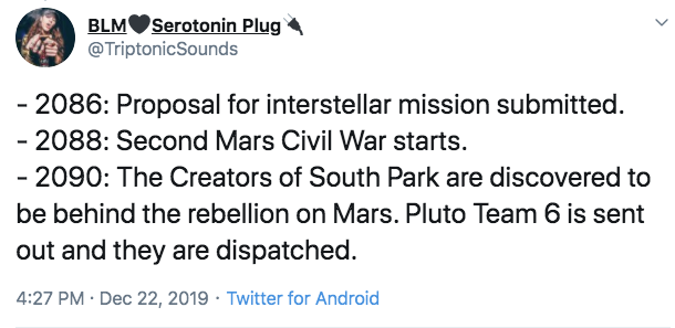 rishi kapoor tweets on vinod khanna death - Blm Serotonin Plug Sounds 2086 Proposal for interstellar mission submitted. 2088 Second Mars Civil War starts. 2090 The Creators of South Park are discovered to be behind the rebellion on Mars. Pluto Team 6 is s