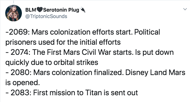angle - BLMSerotonin Plug Sounds 2069 Mars colonization efforts start. Political prisoners used for the initial efforts 2074 The First Mars Civil War starts. Is put down quickly due to orbital strikes 2080 Mars colonization finalized. Disney Land Mars is 