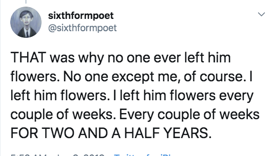 meetings in red dead redemption - sixthformpoet That was why no one ever left him flowers. No one except me, of course. I left him flowers. I left him flowers every couple of weeks. Every couple of weeks For Two And A Half Years.