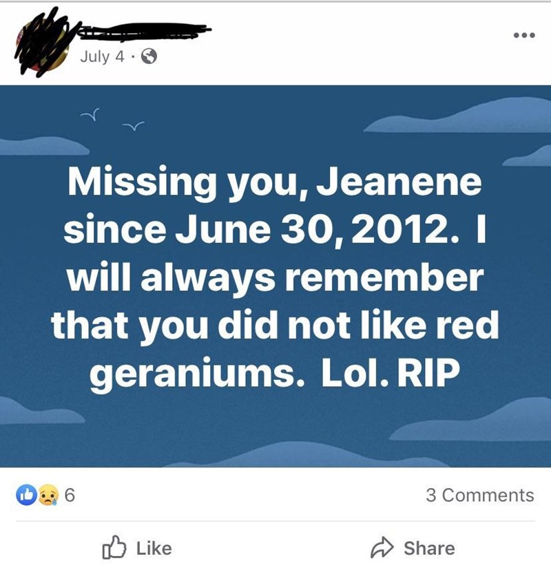 mfaa - July 4.3 Missing you, Jeanene since . I will always remember that you did not red geraniums. Lol. Rip 3