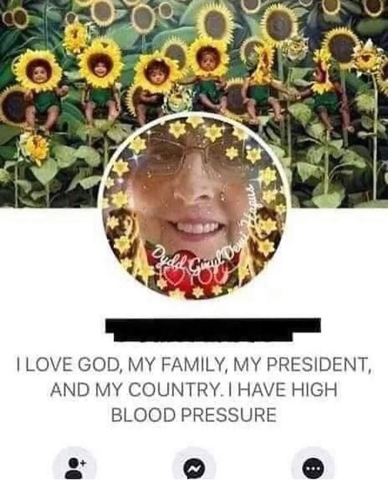 old people on facebook meme - Oydd I Love God, My Family, My President, And My Country. I Have High Blood Pressure