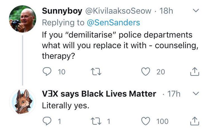 point - Sunnyboy 18h If you "demilitarise" police departments what will you replace it with counseling, therapy? 10 20 Vix says Black Lives Matter 17h Literally yes. 27 1 100 1