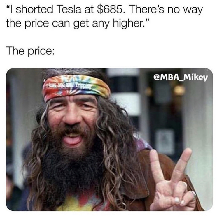 old hippie - "I shorted Tesla at $685. There's no way the price can get any higher. The price