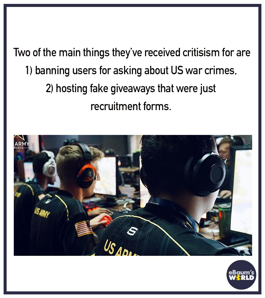 us army twitch backlash scam -  communication - Two of the main things they've received critisism for are 1 banning users for asking about Us war crimes, 2 hosting fake giveaways that were just recruitment forms. Army Ports Usamy 5 Us Adl eBaum's World