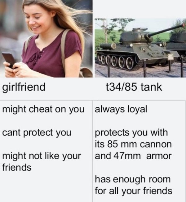 funny memes - Tank - girlfriend t3485 tank might cheat on you always loyal cant protect you protects you with its 85 mm cannon might not your and 47mm armor friends has enough room for all your friends