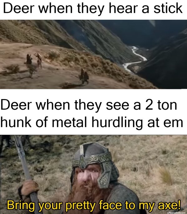 funny memes - geology - Deer when they hear a stick Deer when they see a 2 ton hunk of metal hurdling at em 333 Bring your pretty face to my axe! ullyyoufoolscast