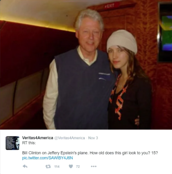 And this, just for posterity, is not a picture of Bill and one of Epstein girls on the 'Lolita Express". This image dates backs much older than the 2017 Q anon conspiracies and has been circulating the web since the early 200s. It is believed the pictures was taken on a different jet of a rich friend, who is not Epstein. 