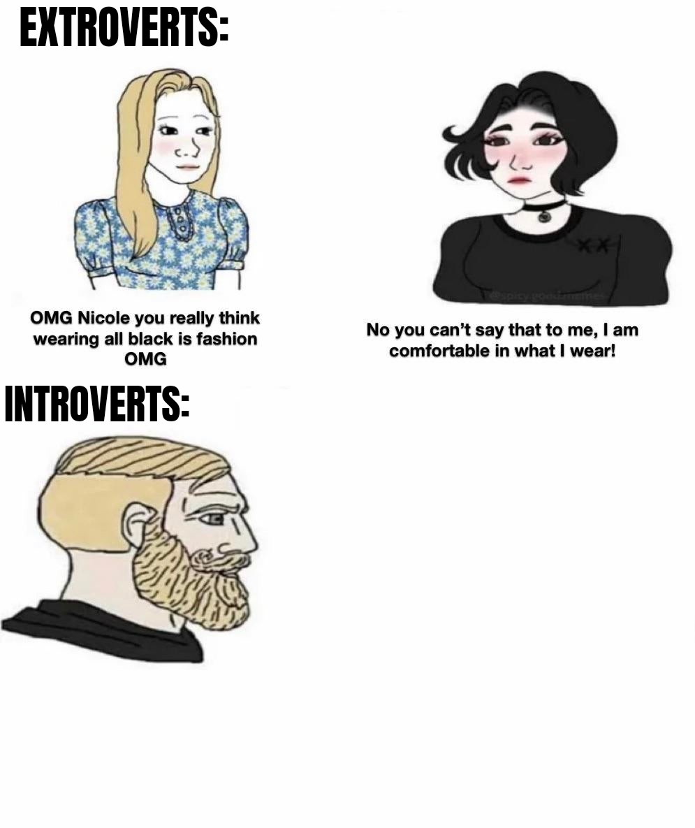 cartoon - Extroverts Omg Nicole you really think wearing all black is fashion Omg No you can't say that to me, I am comfortable in what I wear! Introverts