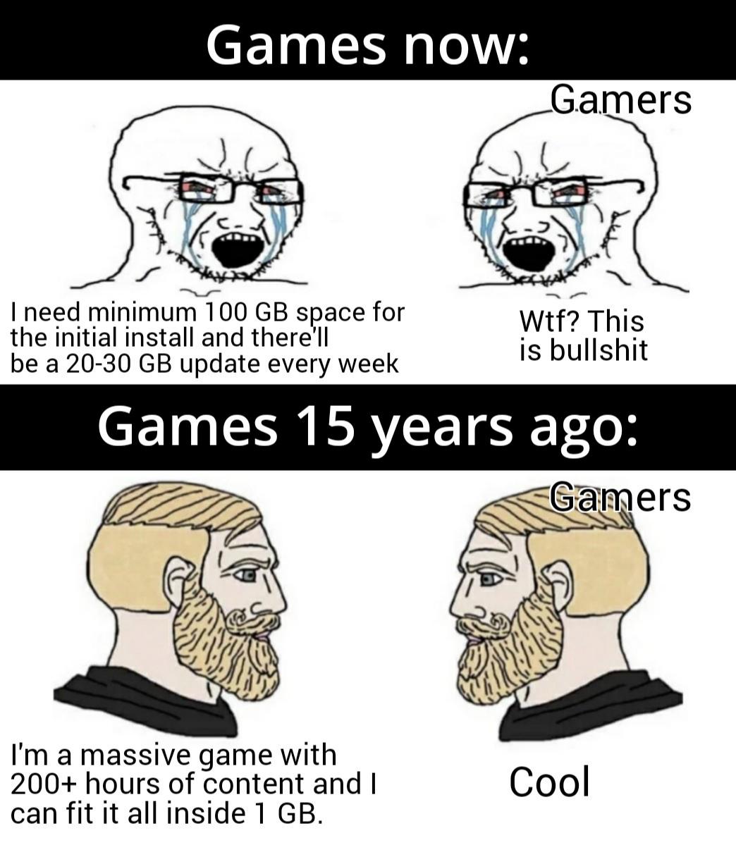 chad i know meme - Games now Gamers I need minimum 100 Gb space for the initial install and there'll be a 2030 Gb update every week Wtf? This is bullshit Games 15 years ago Gamers I'm a massive game with 200 hours of content and I can fit it all inside 1 