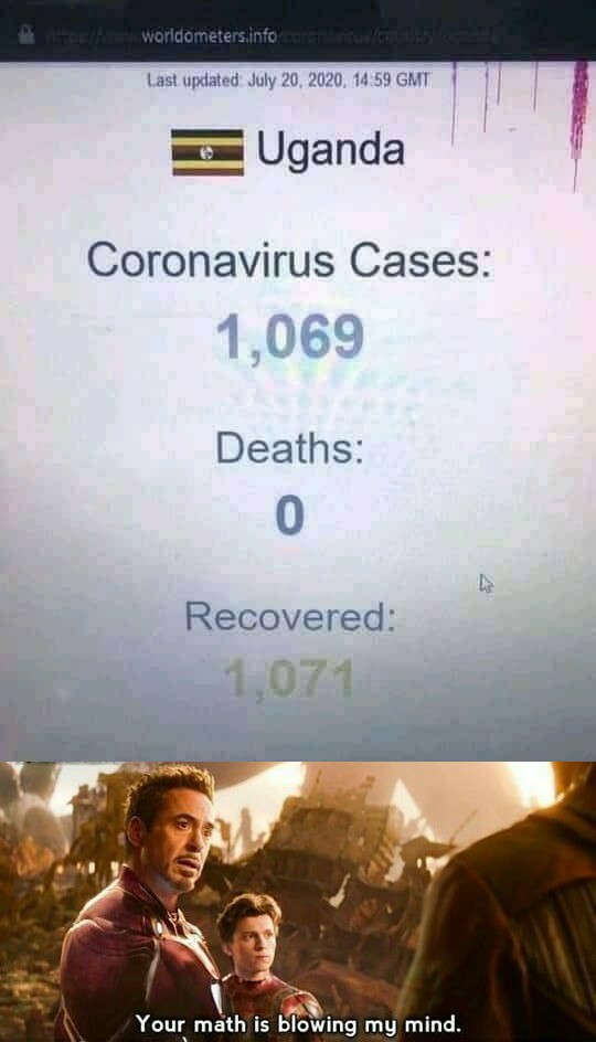 tony stark your math is blowing my mind - worldameters.info Last updated , 1459 Gmt Uganda Coronavirus Cases 1,069 Deaths 0 Recovered 1,071 Your math is blowing my mind.