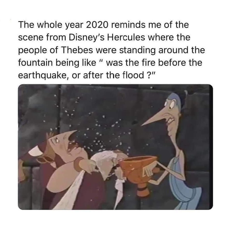 year 2020 memes - The whole year 2020 reminds me of the scene from Disney's Hercules where the people of Thebes were standing around the fountain being
