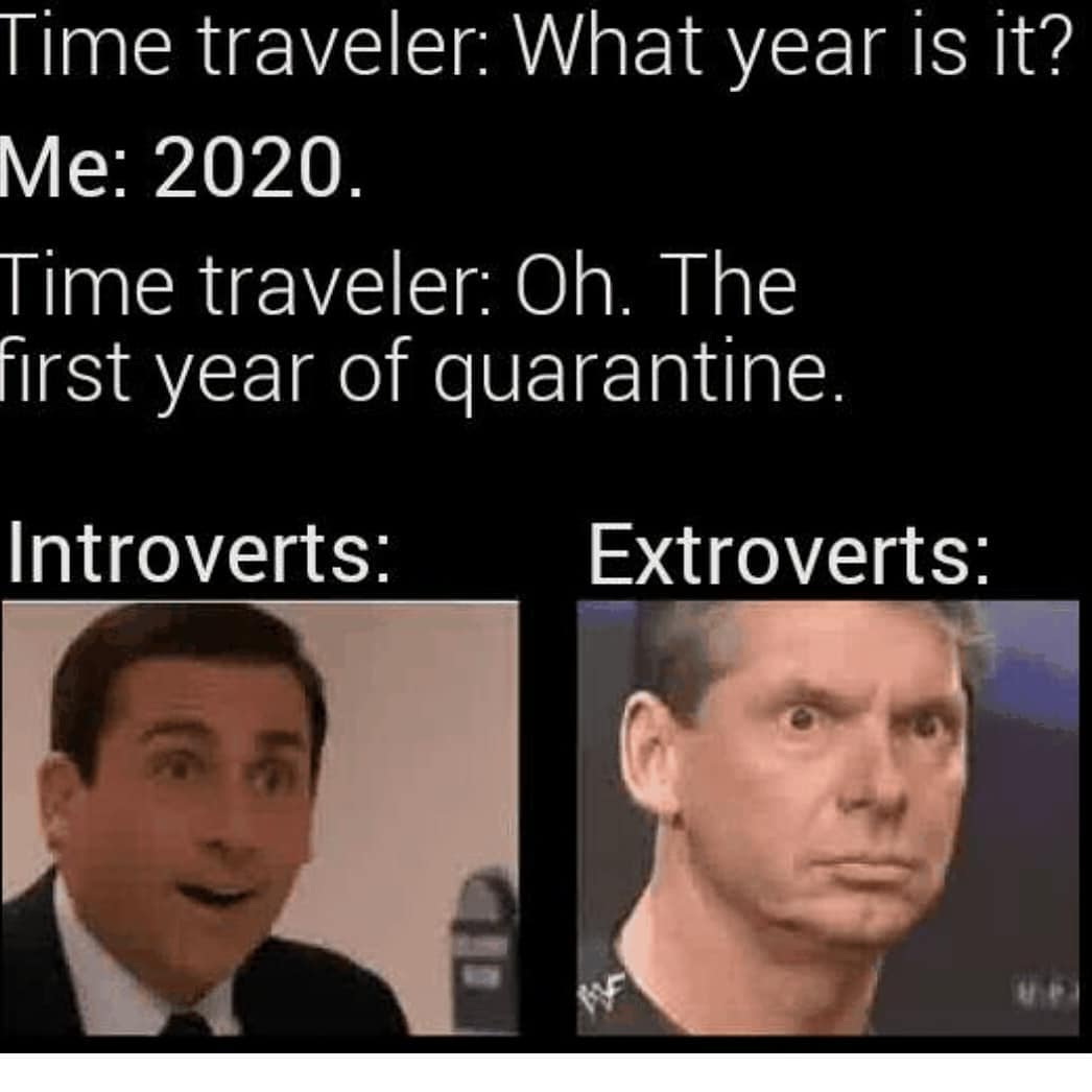 quarantine introvert extrovert gif - Time traveler What year is it? Me 2020. Time traveler Oh. The first year of quarantine. Introverts Extroverts