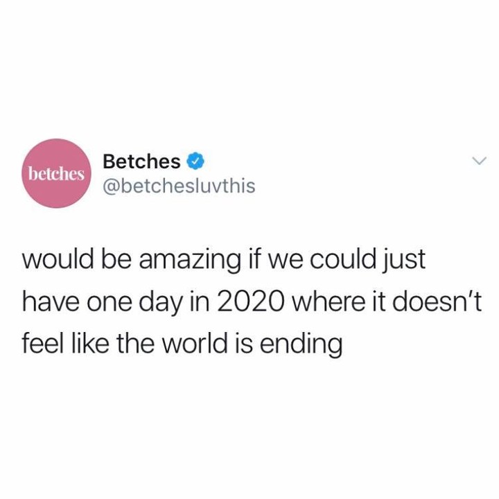 betches Betches would be amazing if we could just have one day in 2020 where it doesn't feel the world is ending