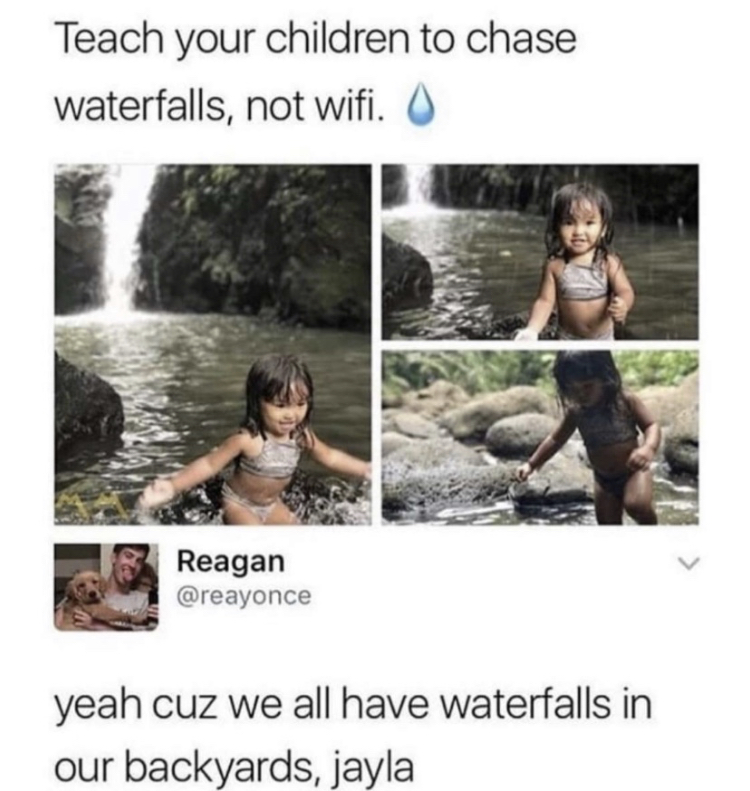 chasing waterfalls meme - Teach your children to chase waterfalls, not wifi. Reagan yeah cuz we all have waterfalls in our backyards, jayla